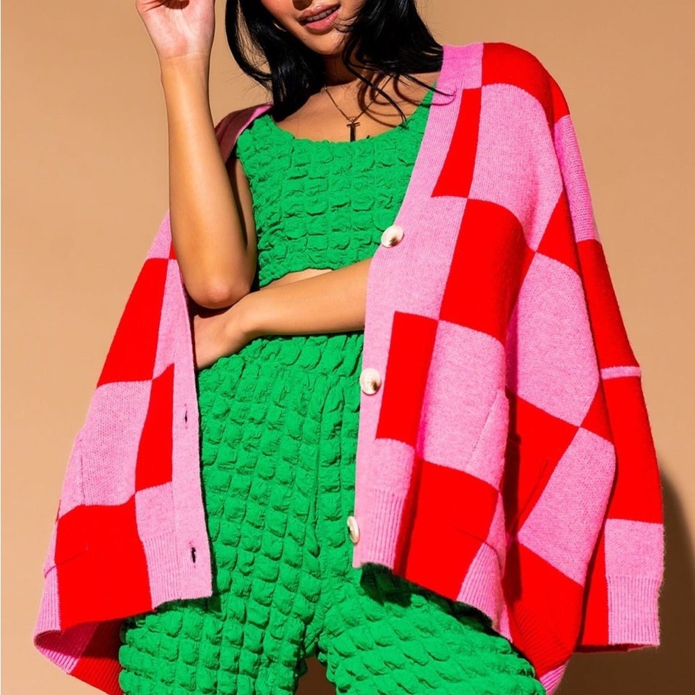 NWOT Lala Original Oversized Checkered Cardigan